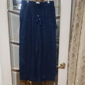 Cynthia Rowley High Rise Wide Leg Linen Pants In Blue l Size S